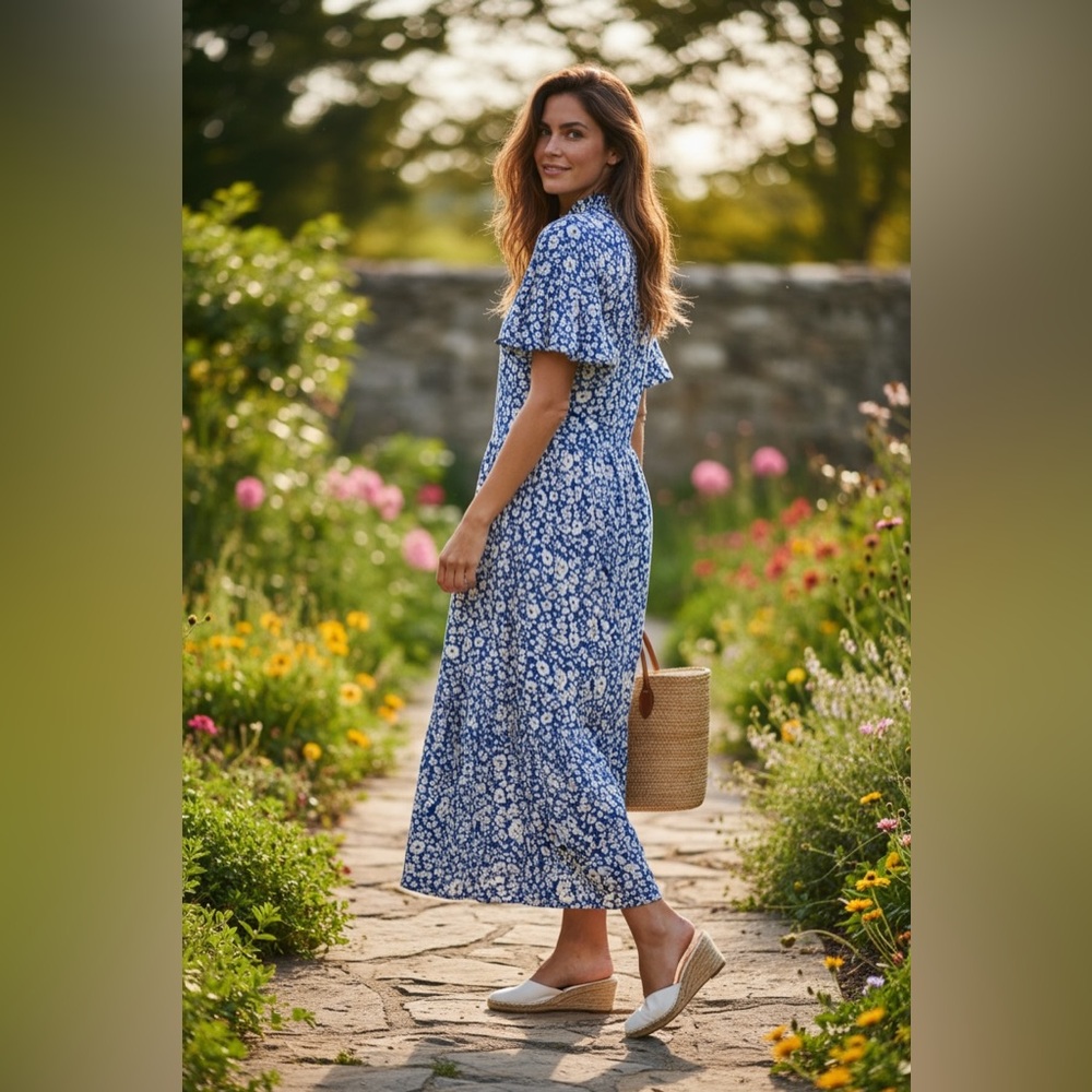 Zara Blue Floral Midi Dress – Ruffle Sleeve, Flowy & Feminine 🌸💙